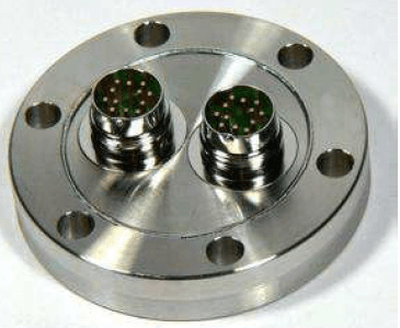 DN63CF FLANGE, 3 x 6 PIN CIRCULAR MINIATURE FEEDTHROUGHS, UHV, 500V DC, 5 AMPS MAX