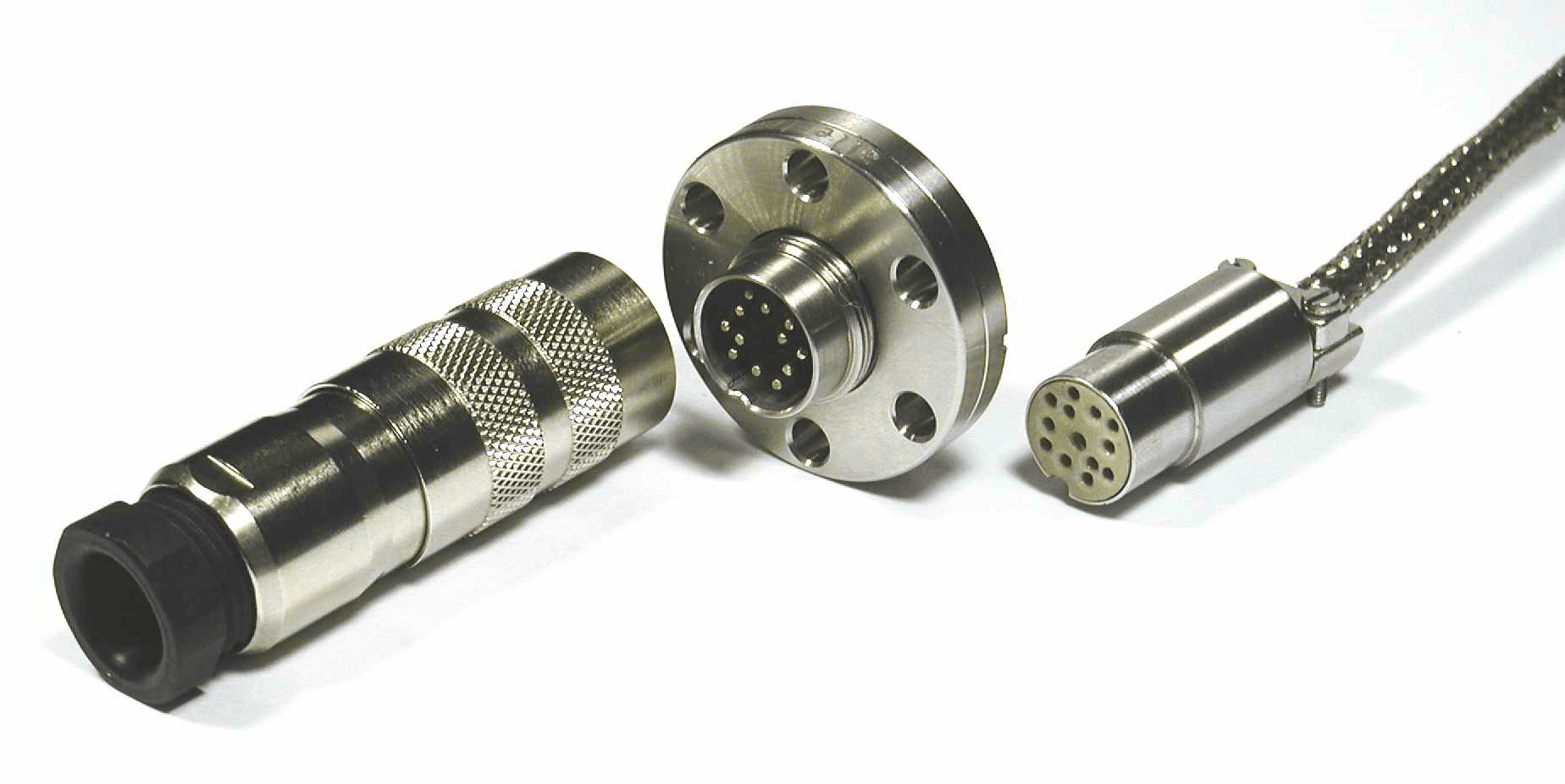 DN40CF FLANGE WITH 2 x 12 PIN CM FEEDTHROUGH SET, UHV & AIR SIDE CONNECTORS, STRAIN RELIEF